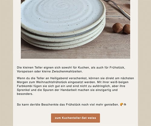 Weihnachts-Newsletter-Beispiel von der Töpferei am Wald (Screenshot des Textes)