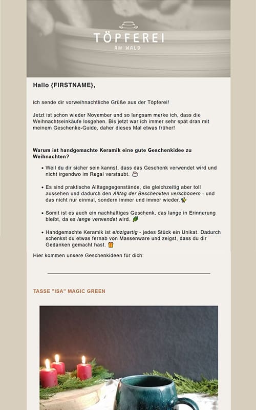 Weihnachts-Newsletter-Beispiel von der Töpferei am Wald (Screenshot)